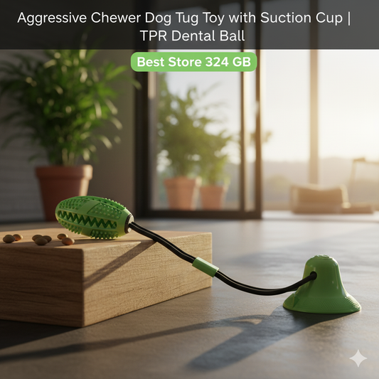 Dog tug toy with suction cup and TPR dental ball on a wooden block indoors.