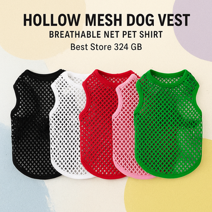 Hollow mesh dog vests in black, white, red, pink, and green on a colorful background.