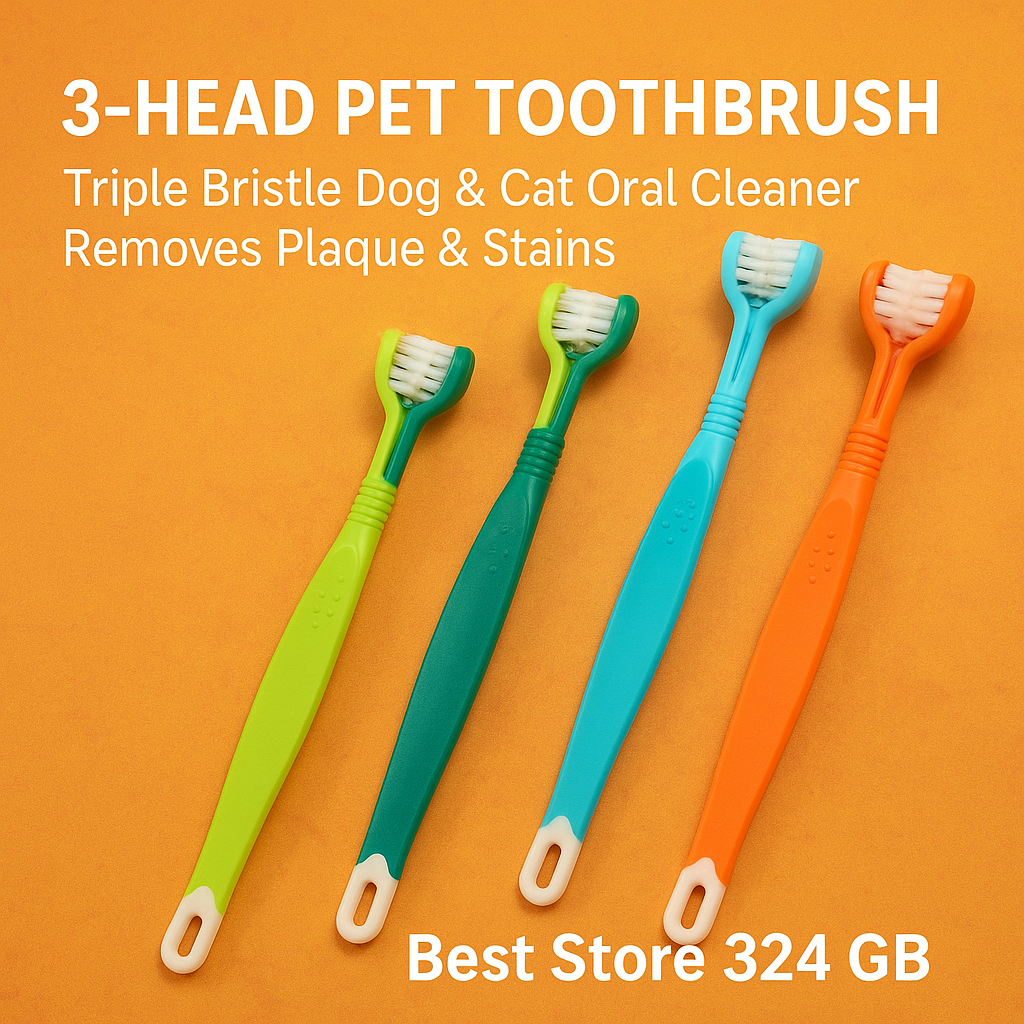 Four colorful pet toothbrushes with text on an orange background