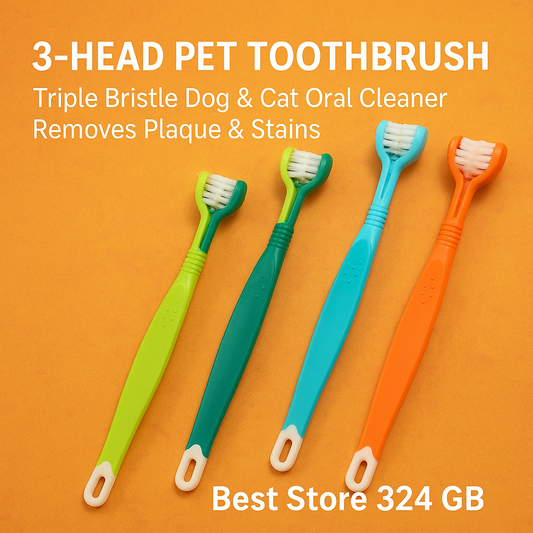 Four colorful pet toothbrushes with text on an orange background