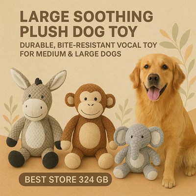Dog toy set with a donkey, monkey, and elephant plush toys next to a real dog on a beige background.