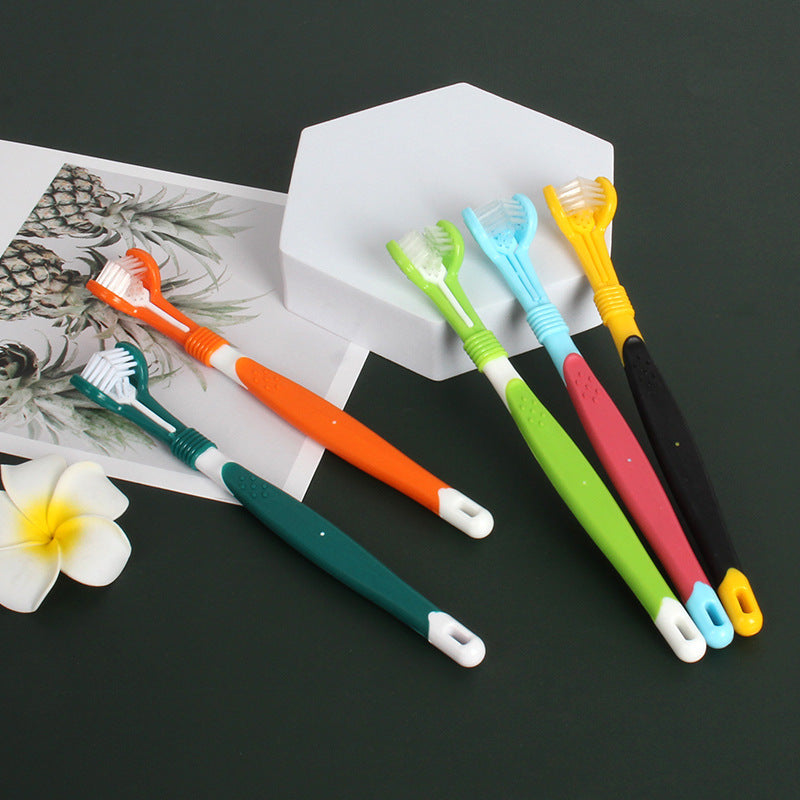 Set of colorful toothbrushes on a dark surface with a white paper and flower decoration.