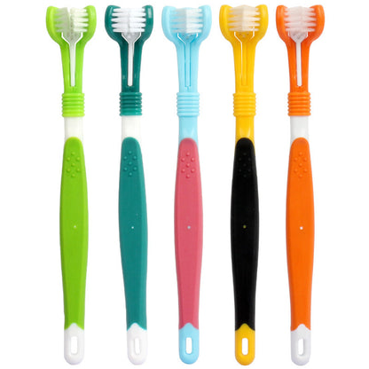 Set of five colorful toothbrushes with different handle colors on a white background