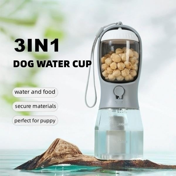 3-in-1 Dog Water Bottle with Food Container & Waste Bag Holder – Portable Multi-Functional Pet Travel Cup