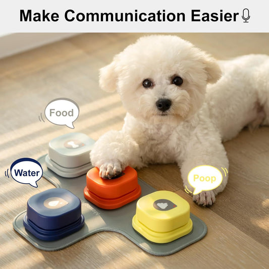 White dog interacting with a set of colorful communication devices