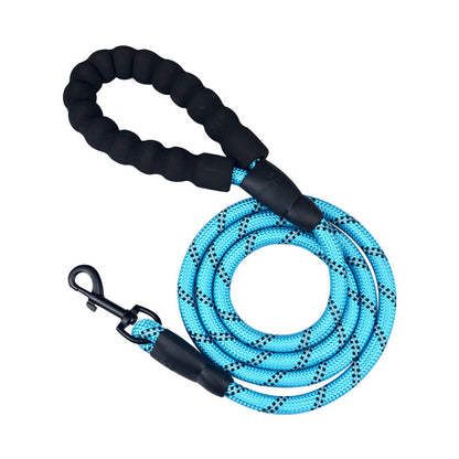 Blue dog leash with black handle on a white background