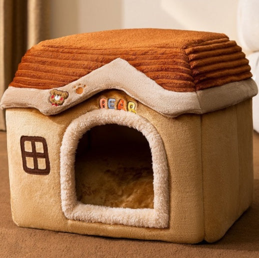 Pet house with a brown roof and beige body