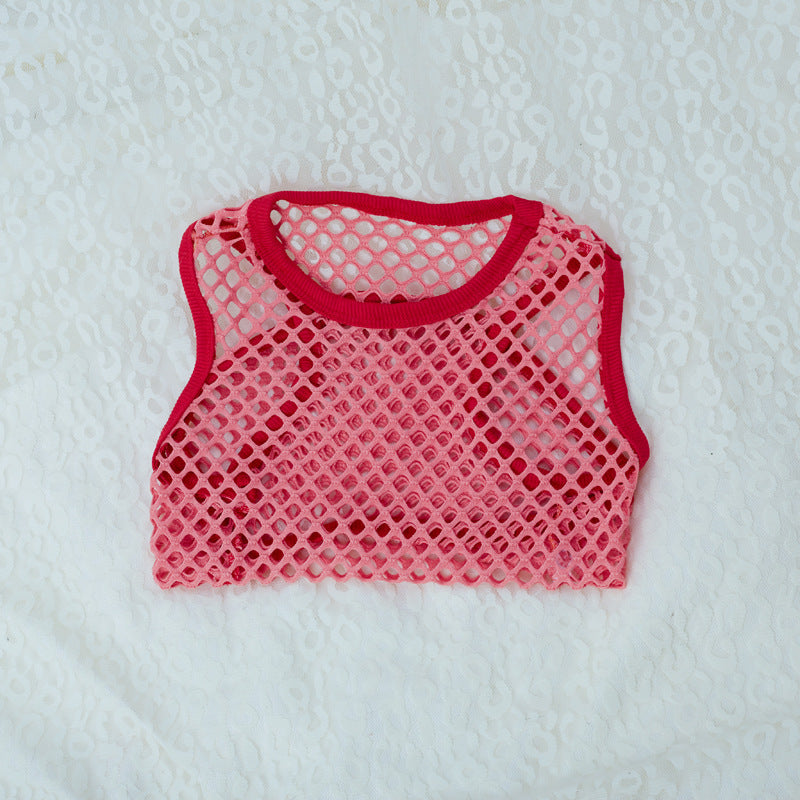 Pink mesh crop top with red trim on a textured white background