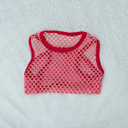 Pink mesh crop top with red trim on a textured white background