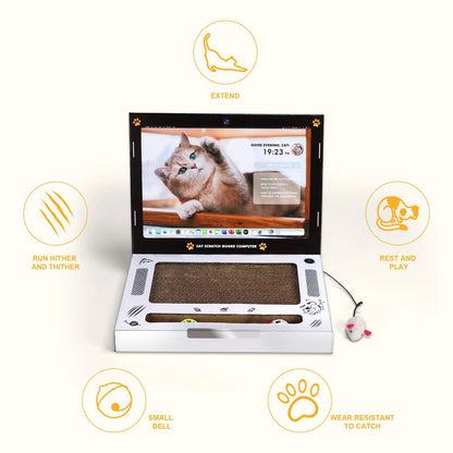 Cat scratch board computer with screen displaying a cat, on a white background